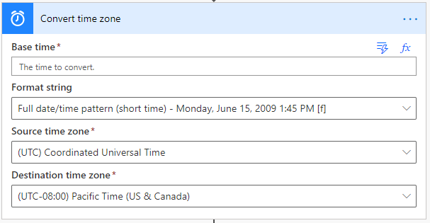 Screenshot of the required inputs in the Convert time zone operation.