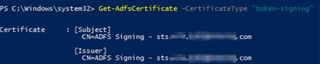 Run the Get-ADFSCerticate cmdlet, Certificate Type token-signing.