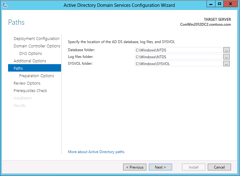 Screenshot of the Paths page of the Active Directory Domain Services Configuration Wizard.