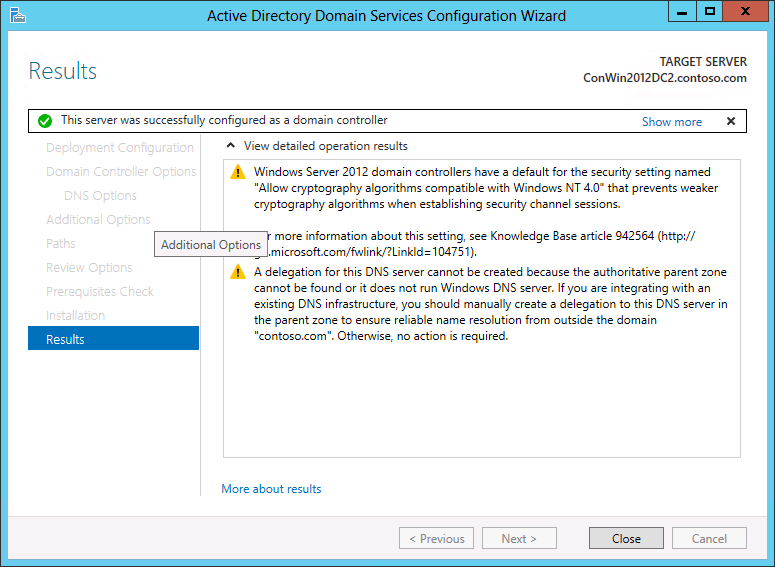 Screenshot of the Results page of the Active Directory Domain Services Configuration Wizard.