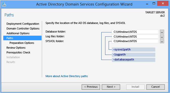 Screenshot that shows the Paths page in the Active Directory Domain Services Configuration Wizard.