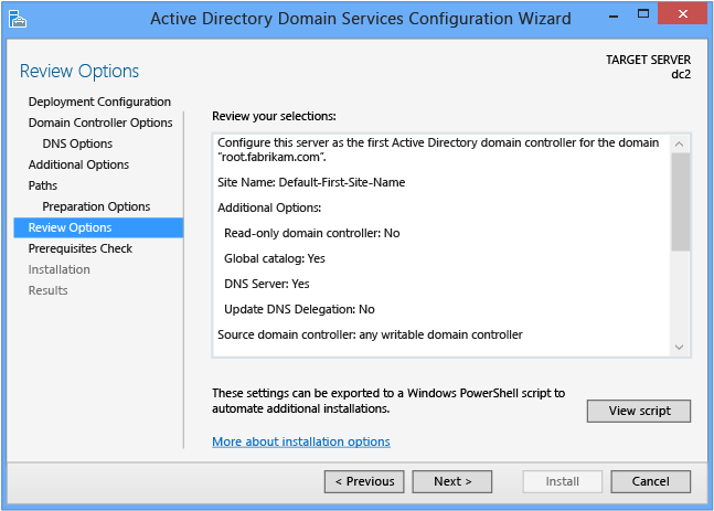 Screenshot that shows the Review Options page which enables you to validate your settings and ensure that they meet your requirements before you start the installation.