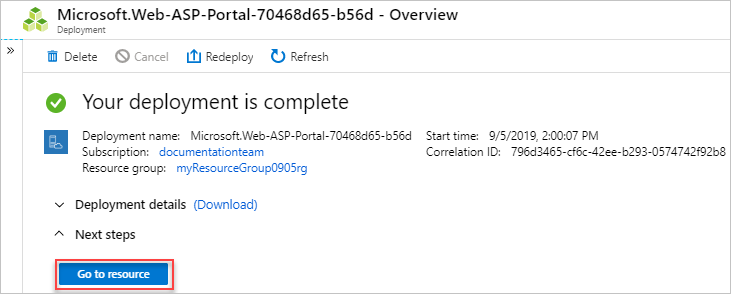 Snímek obrazovky s tlačítkem Přejít k prostředku na webu Azure Portal