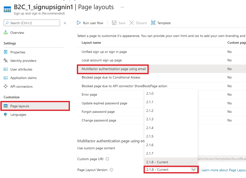 Výběr rozložení stránky v Azure AD B2C na webu Azure Portal