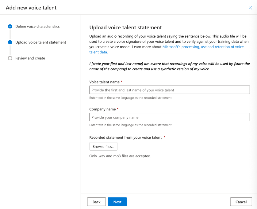 Screenshot of the voice talent statement upload dialog.