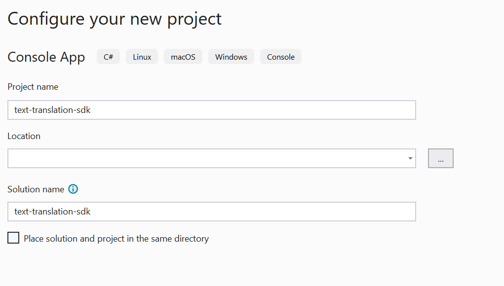 Snímek obrazovky: Dialogové okno pro konfiguraci nového projektu v sadě Visual Studio
