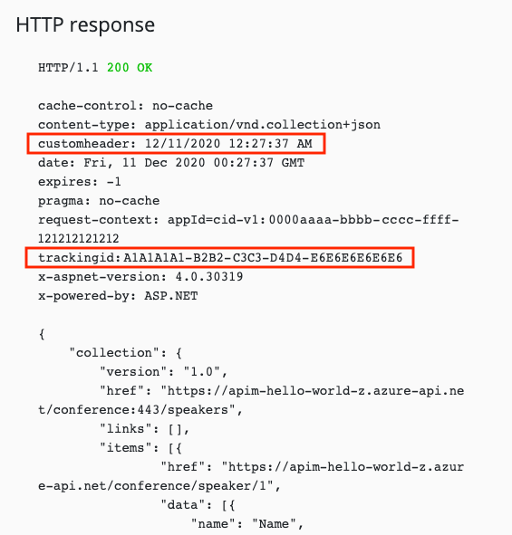 Snímek obrazovky s odpovědí rozhraní API pro testování