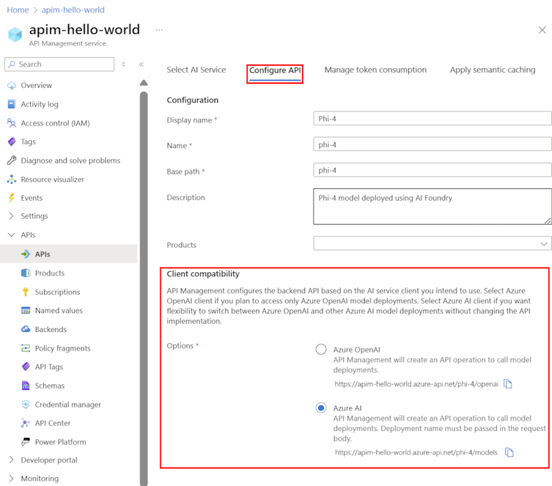 Snímek obrazovky s konfigurací rozhraní MICROSOFT Foundry API na portálu