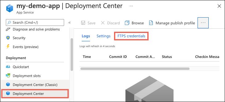 Ukazuje, jak vybrat řídicí panel FTP z Centra nasazení v Aplikace Azure Services.