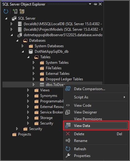 Snímek obrazovky znázorňující zkoumání objektů služby SQL Database