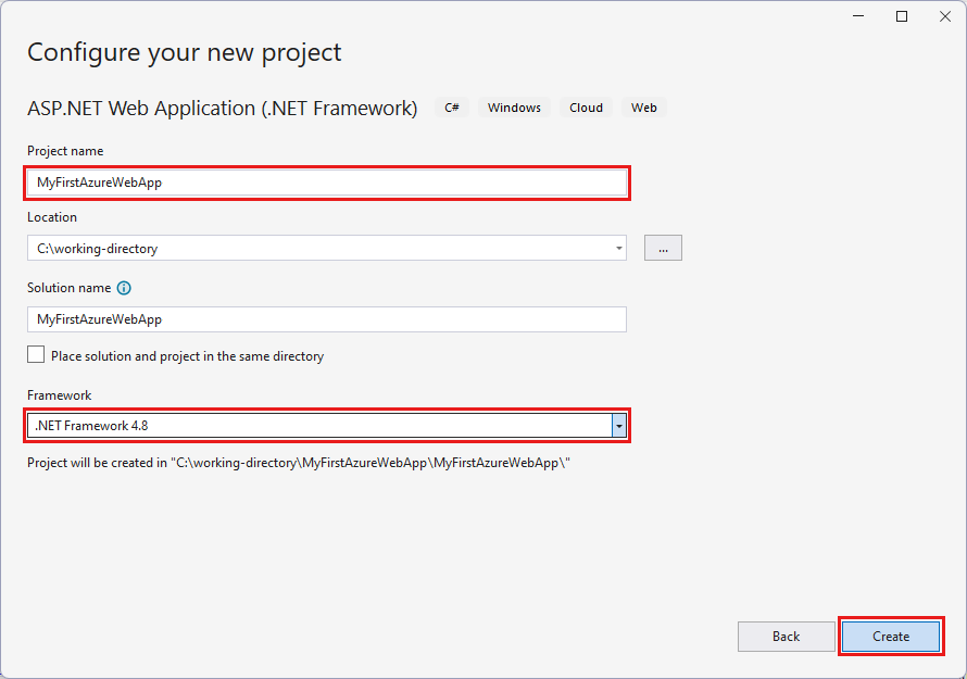 Snímek obrazovky se sadou Visual Studio – Konfigurace webové aplikace ASP.NET Framework 4.8