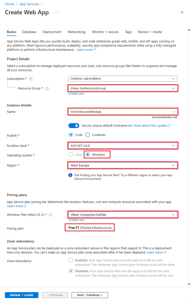Snímek obrazovky s novou konfigurací aplikace služby App Service pro rozhraní .NET Framework V4.8 na webu Azure Portal