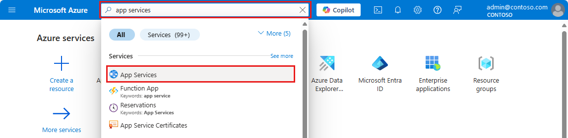 Snímek obrazovky webu Azure Portal – Výběr možnosti App Services