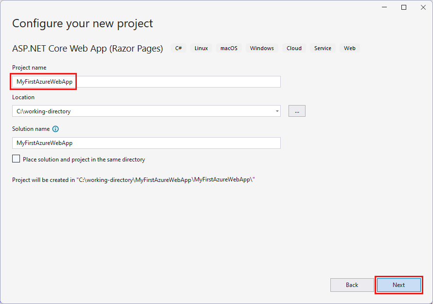 Snímek obrazovky se sadou Visual Studio – Konfigurace webové aplikace ASP.NET 8.0