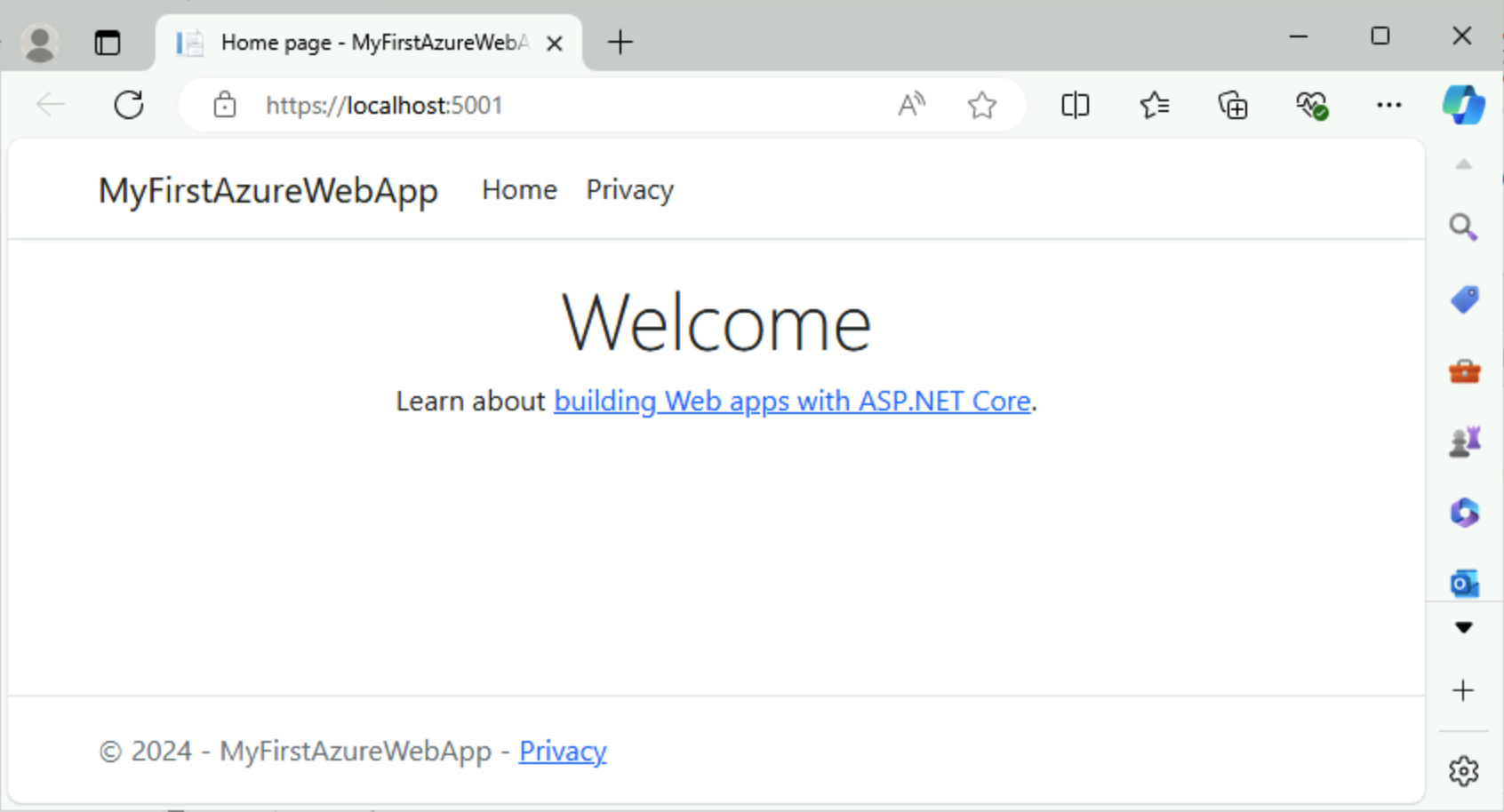 Snímek obrazovky se sadou Visual Studio – ASP.NET Core 8.0 spuštěné místně