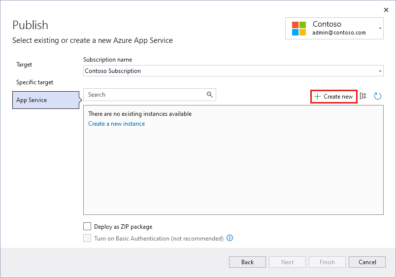 Snímek obrazovky se sadou Visual Studio – nové dialogové okno aplikace App Service