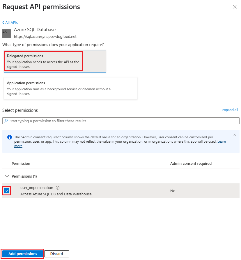 Snímek obrazovky se stránkou Oprávnění rozhraní API požadavku zobrazující delegovaná oprávnění, user_impersonation a vybrané tlačítko Přidat oprávnění