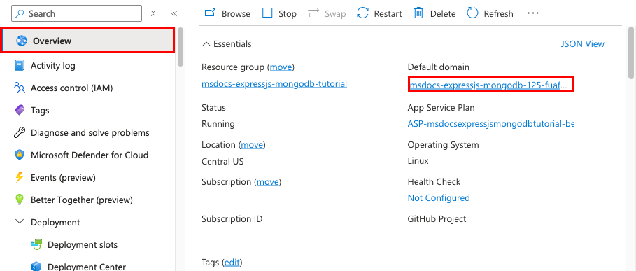 Snímek obrazovky znázorňující, jak spustit službu App Service z webu Azure Portal