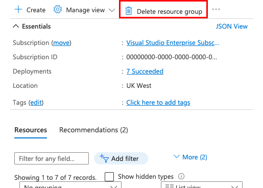 Snímek obrazovky znázorňující umístění tlačítka Odstranit skupinu prostředků na webu Azure Portal