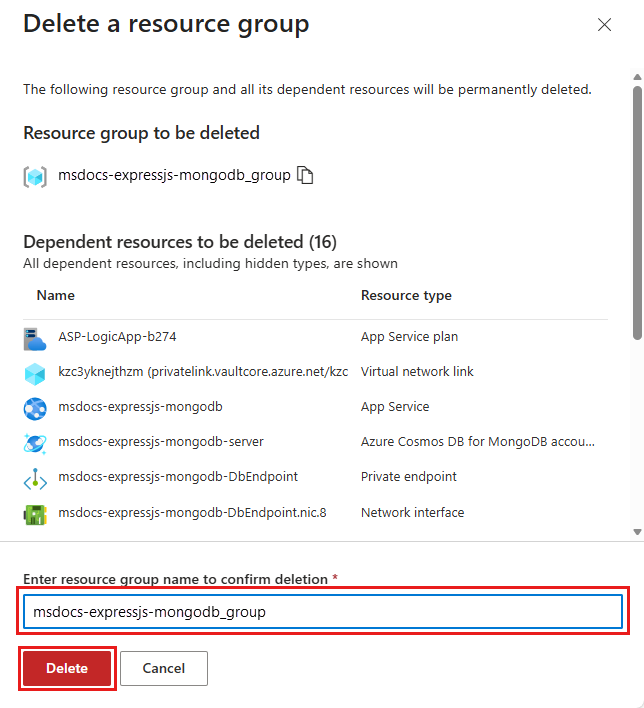 Snímek obrazovky s potvrzovací dialog pro odstranění skupiny prostředků na webu Azure Portal