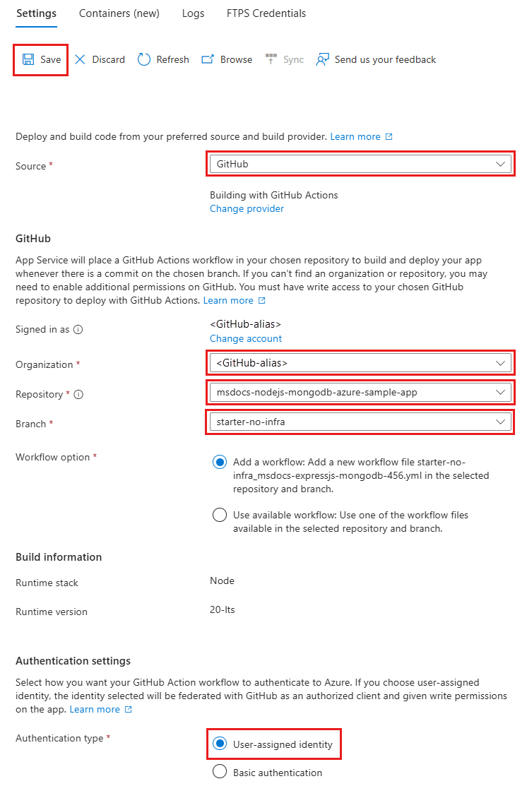 Snímek obrazovky znázorňující, jak nakonfigurovat CI/CD pomocí GitHub Actions