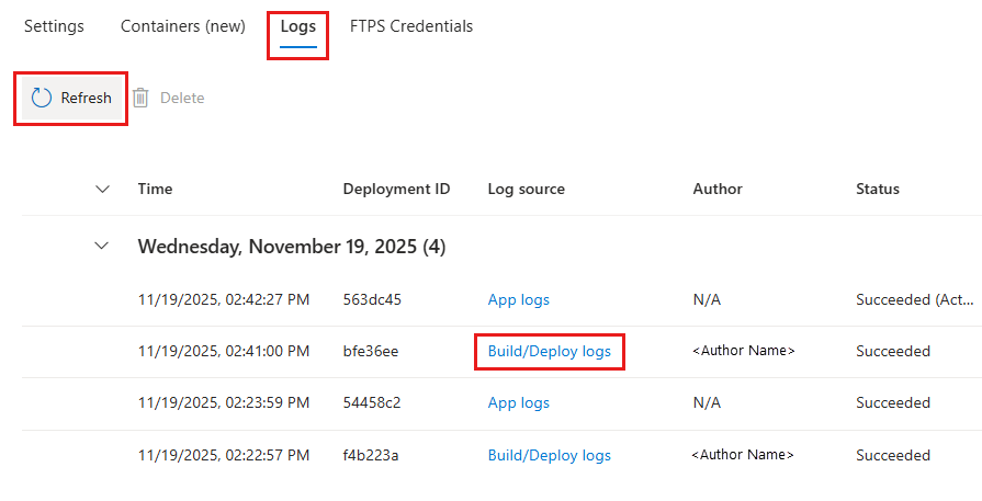 Snímek obrazovky znázorňující úspěšné nasazení na stránce Protokoly centra nasazení