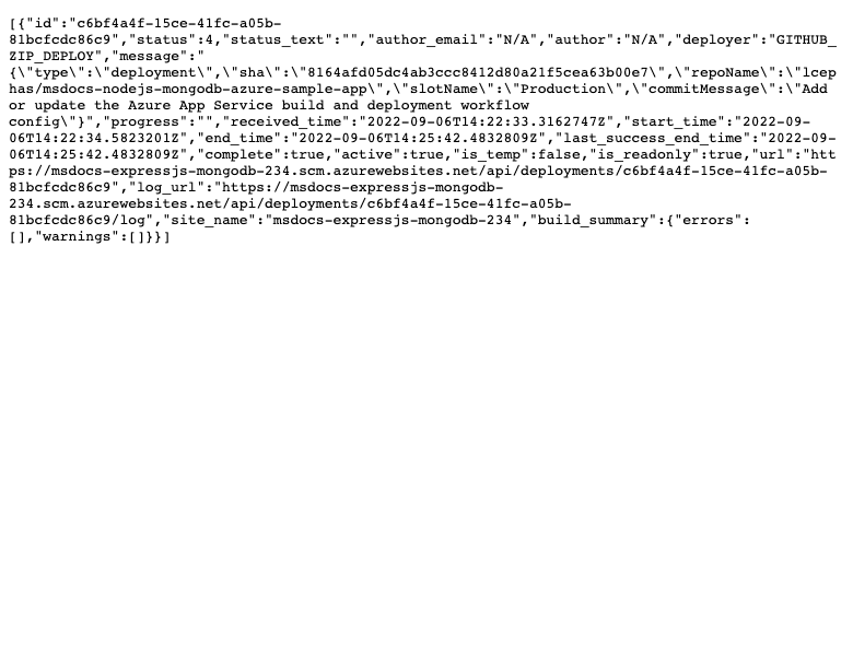 Snímek obrazovky zobrazující historii nasazení aplikace App Service ve formátu JSON