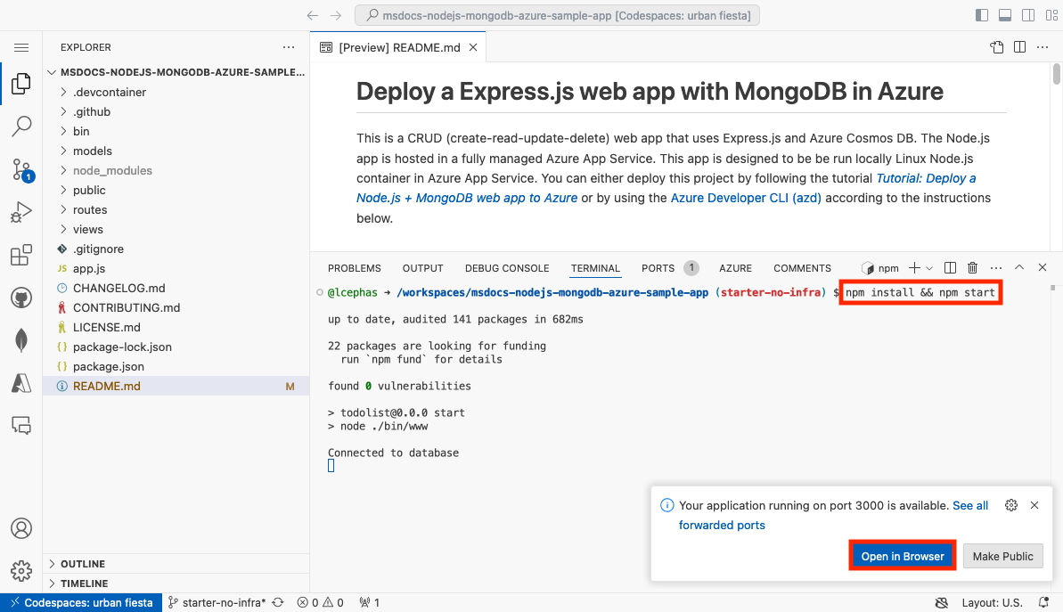 Snímek obrazovky znázorňující, jak spustit ukázkovou aplikaci v prostředí codespace GitHubu