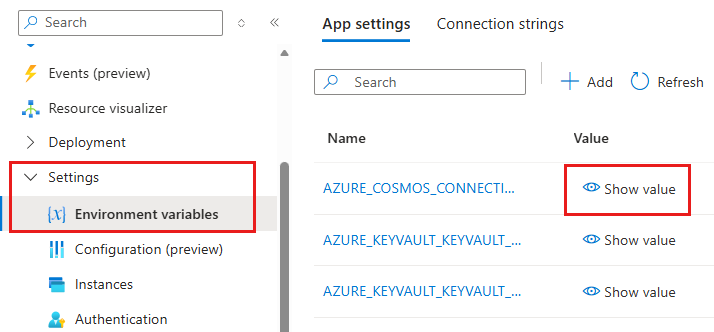 Snímek obrazovky znázorňující, jak zobrazit hodnotu proměnné prostředí App Service v Azure