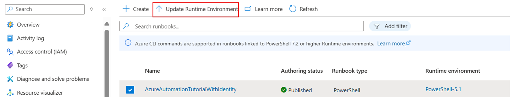 Snímek obrazovky ukazuje, jak aktualizovat runbook v prostředí runtime.