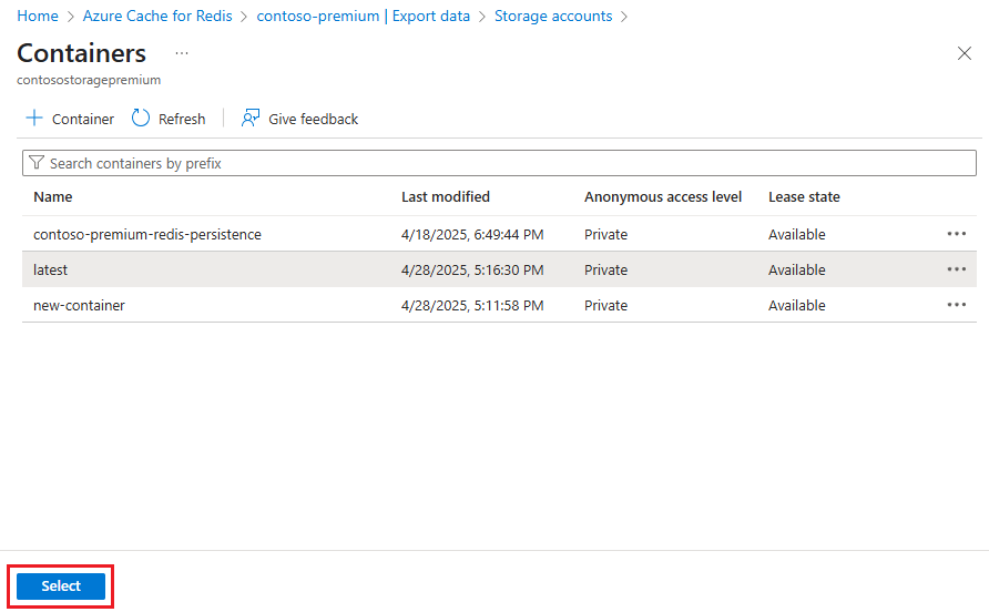 Snímek obrazovky znázorňující vybraný kontejner úložiště a tlačítko Vybrat