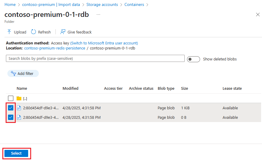 Snímek obrazovky znázorňující výběr objektů blob z kontejneru 