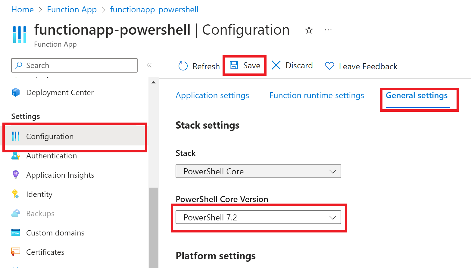 Snímek obrazovky znázorňuje, jak nastavit požadovanou verzi PowerShellu pro aplikaci funkcí na webu Azure Portal.