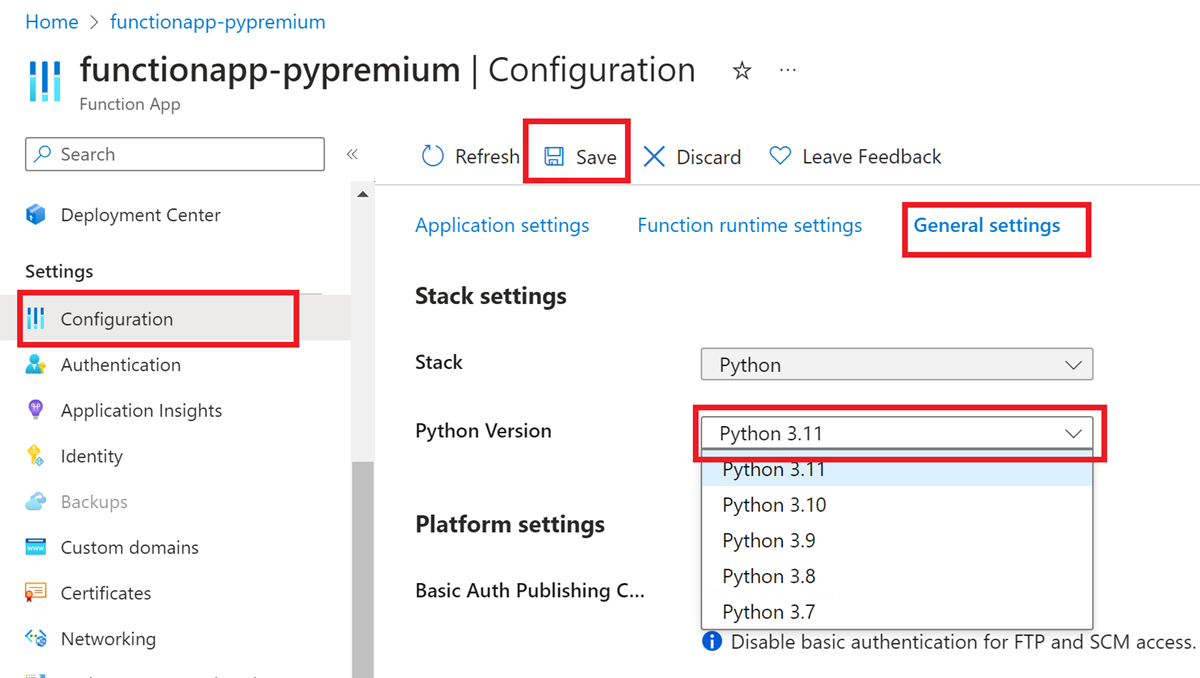 Snímek obrazovky znázorňuje, jak nastavit požadovanou verzi Pythonu pro aplikaci funkcí na webu Azure Portal