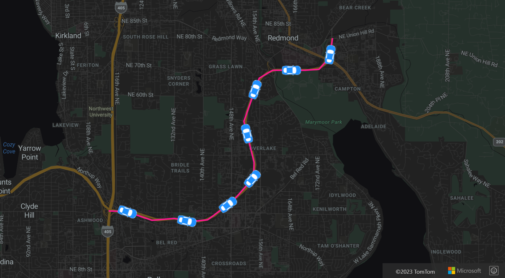 Snímek obrazovky znázorňující mapu zobrazující vrstvu čáry označující trasu ikonami aut podél trasy