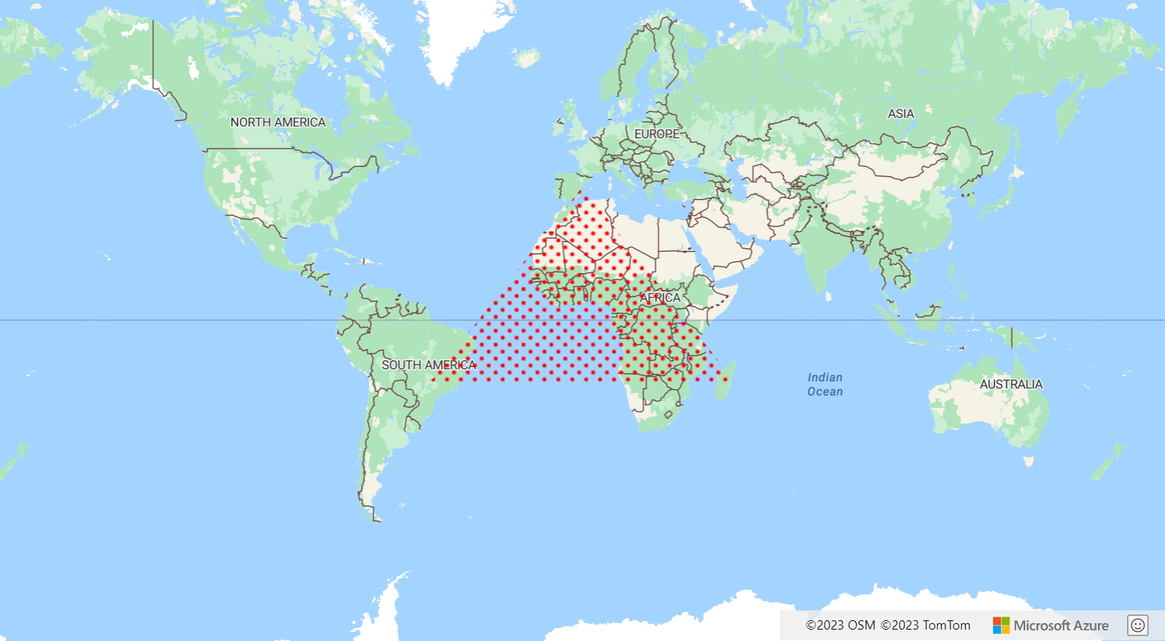 Snímek obrazovky s mapou světa s červenými tečkami tvořícími trojúhelník uprostřed mapy