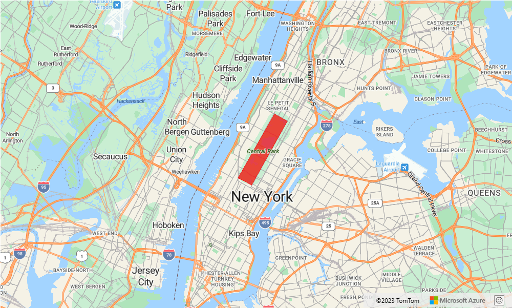 Snímek obrazovky s mapou New Yorku znázorňující vrstvu mnohoúhelníku, která pokrývá Central Park s barvou výplně nastavenou na červenou a neprůhledností nastavenou na 0,7
