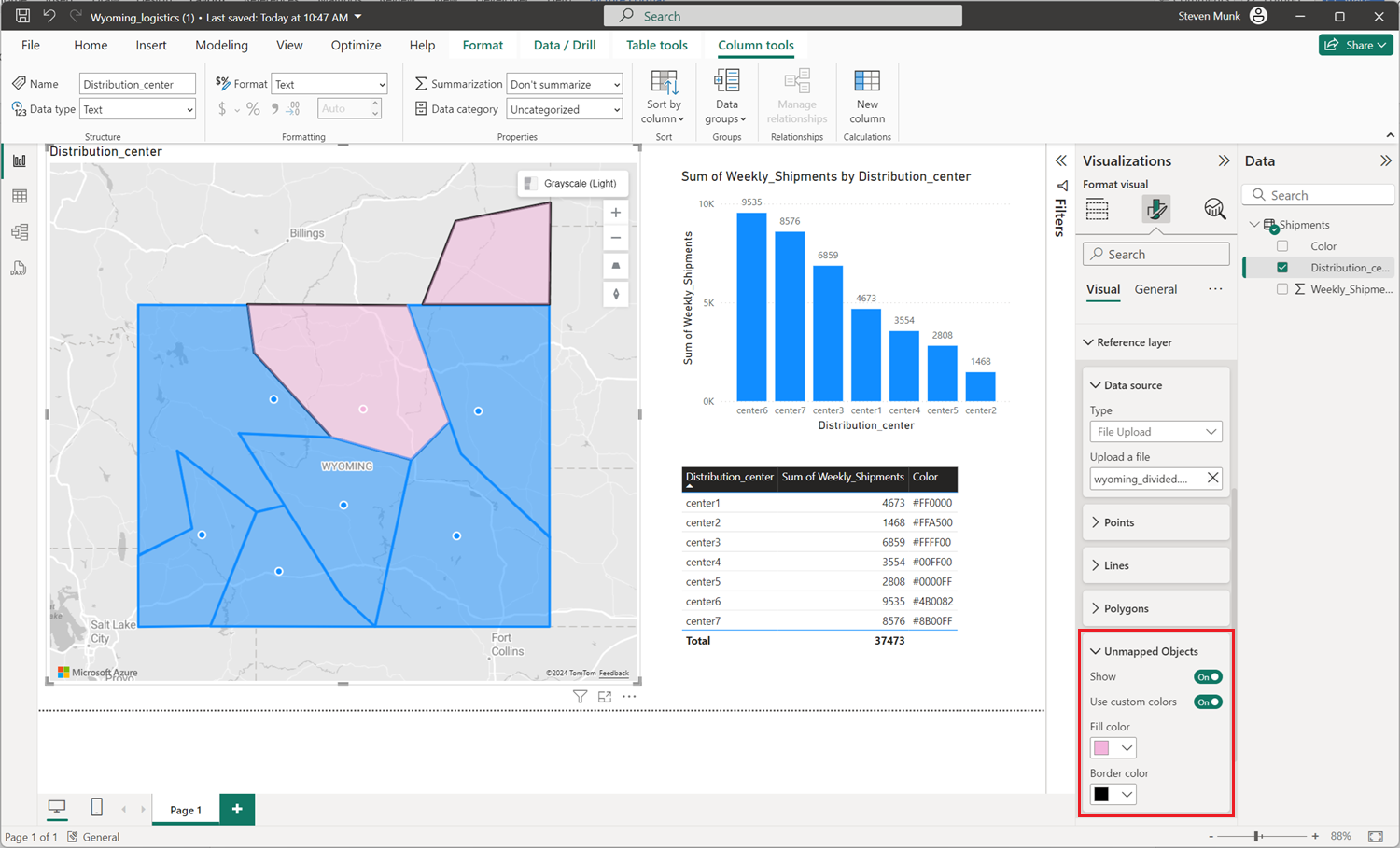 Snímek obrazovky znázorňující příklad referenční vrstvy vázané na data v Power BI Desktopu s nemapovanými objekty zobrazenými jinou barvou