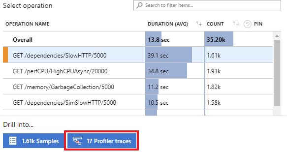 Snímek obrazovky znázorňující výběr operace a trasování profileru pro zobrazení všech trasování profileru