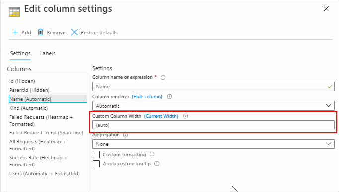 Snímek obrazovky znázorňující nastavení sloupce s polem Šířka vlastního sloupce označeným červeným rámečkem