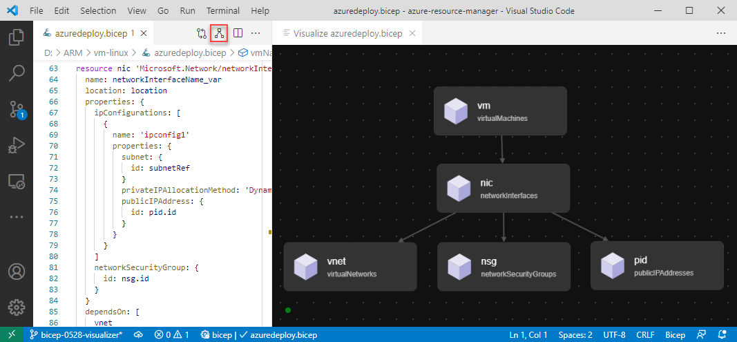 Snímek obrazovky s vizualizérem prostředků Bicep v editoru Visual Studio Code
