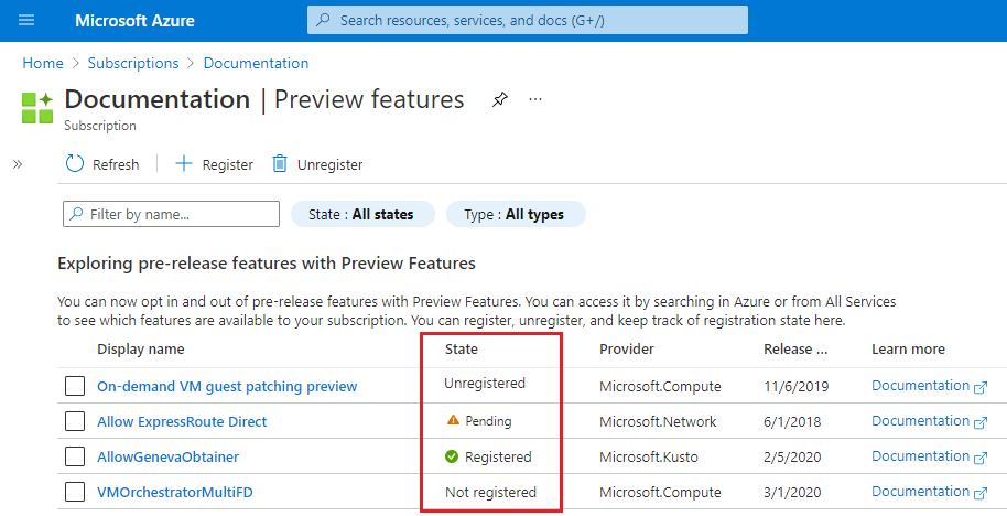 Snímek obrazovky webu Azure Portal zobrazující seznam funkcí ve verzi Preview