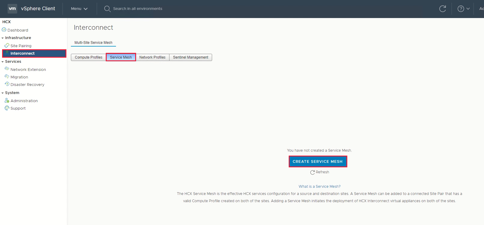 Snímek obrazovky znázorňující, kde vytvořit síť služeb v Klientovi vSphere