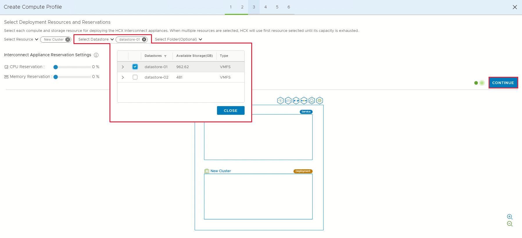 Snímek obrazovky zobrazující vybraný prostředek úložiště dat a tlačítko Pokračovat