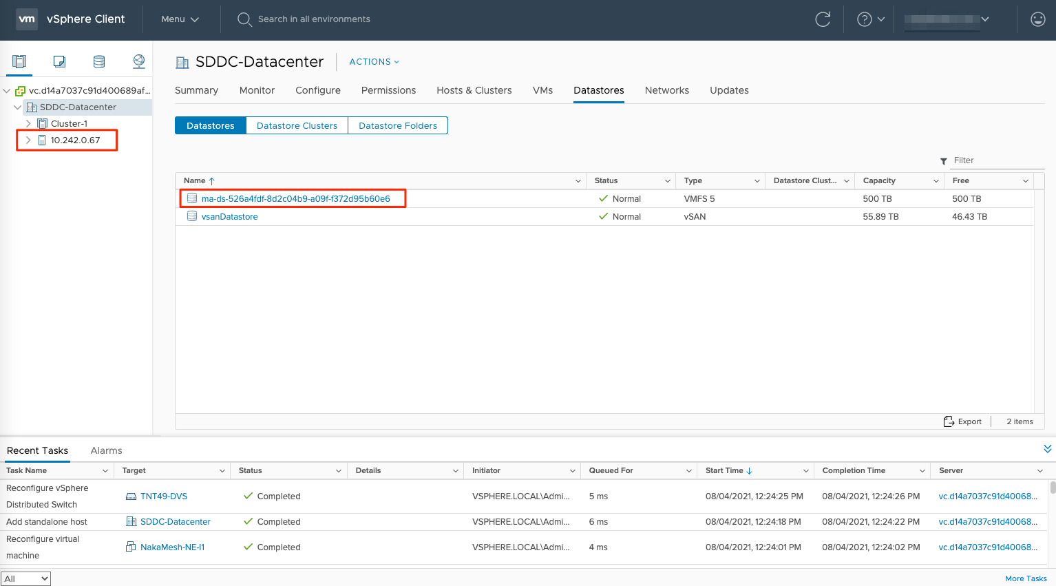 Snímek obrazovky zobrazující úložiště dat a hostitele služby HCX