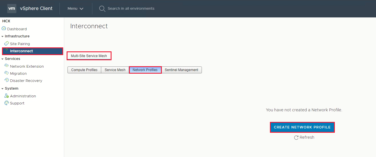 Snímek obrazovky znázorňující, kde vytvořit profil sítě v klientovi vSphere