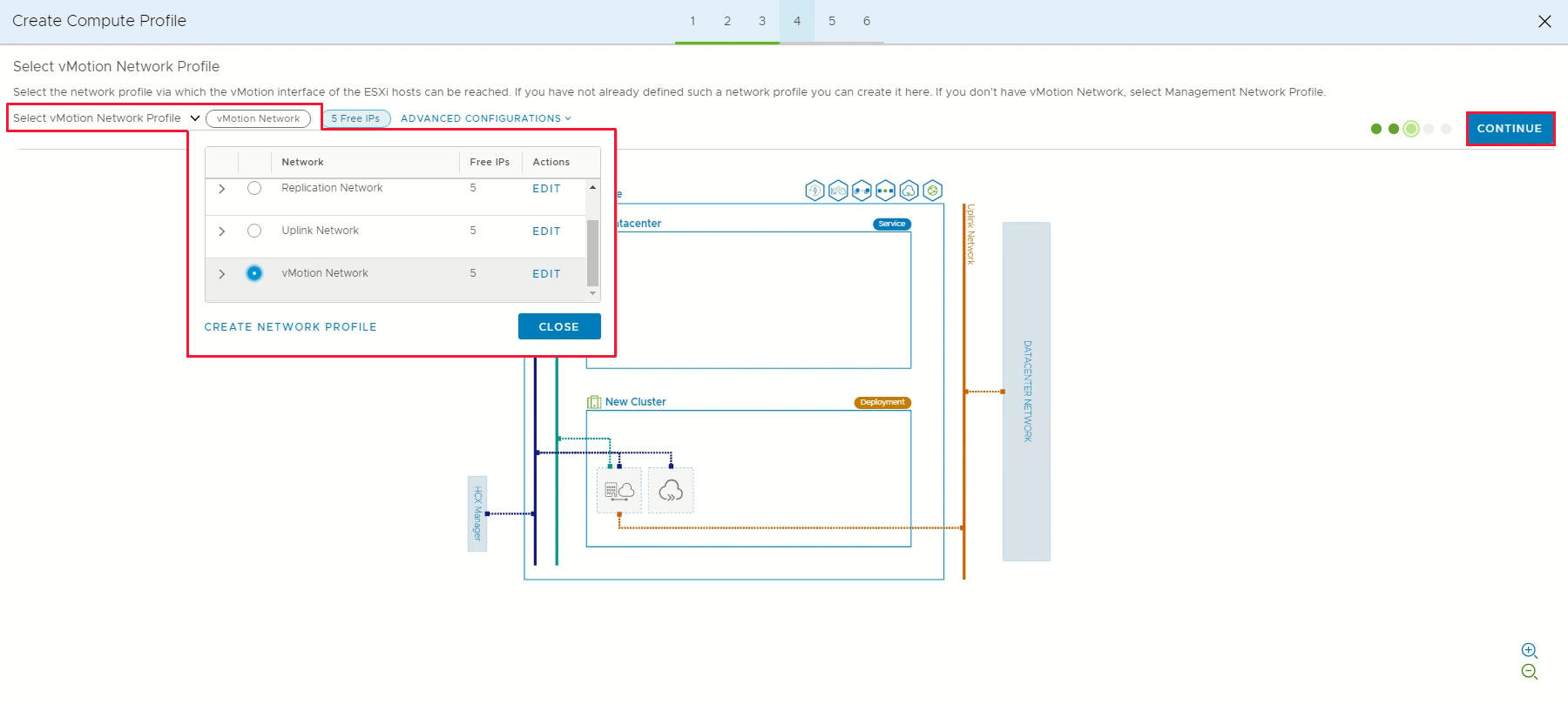 Snímek obrazovky zobrazující výběr profilu sítě vMotion a tlačítka Pokračovat