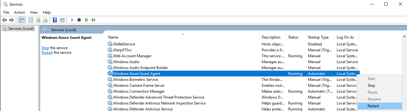Snímek obrazovky znázorňující, že služba hosta Windows Azure je ve spuštěném stavu