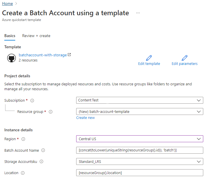 Šablona Resource Manageru, vytvoření účtu Batch, nasazení portálu