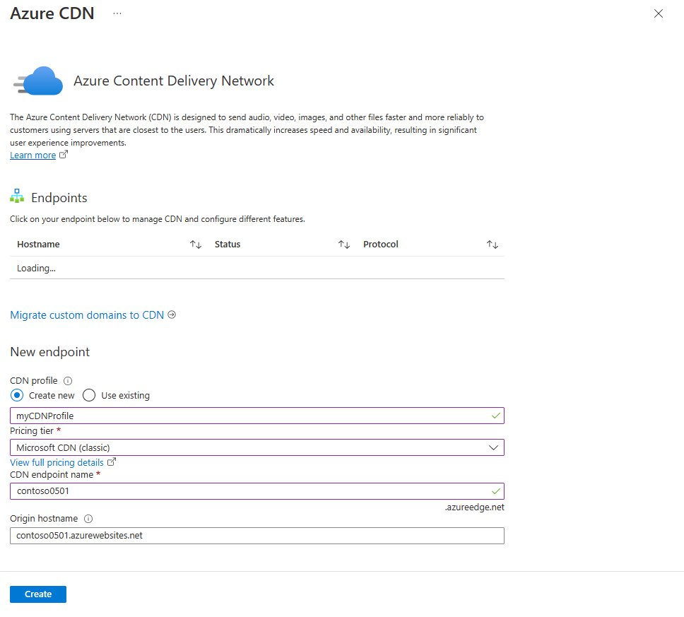 Snímek obrazovky s vytvořením profilu a koncového bodu azure Content Delivery Network na portálu